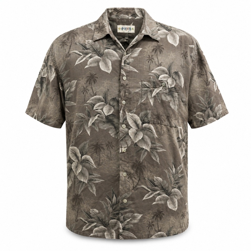 Campia Moda Hawaiian Shirt Mens XL‎ Grey Tropical Palm Rayon Button Up Short Slv